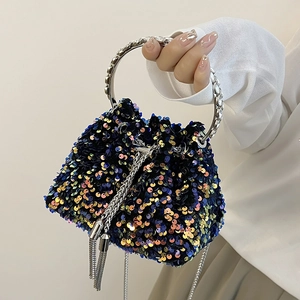 Iridescent sequin bucket bag with metal ring handle and chain strap for women