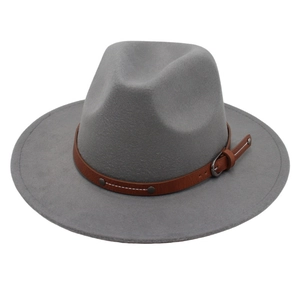Classic grey felt fedora hat with a wide brim and brown leather belt buckle strap