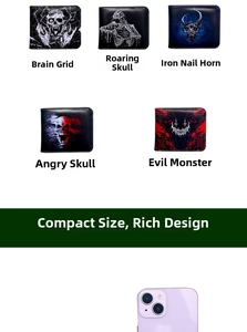Close-up of five men's bifold wallets featuring vintage skull and dark monster prints