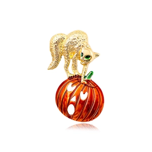 Halloween black cat on pumpkin enamel brooch pin with intricate gold metal textures