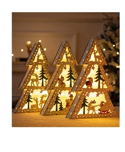 Three-piece set of wooden Christmas LED tree lights with reindeer and snowman cutouts