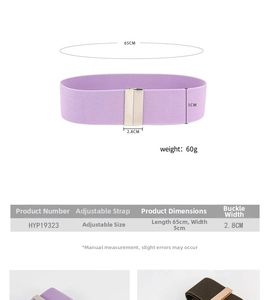 Detail view of 5cm purple elastic waist belt with dimensions 65cm length and metal buckle