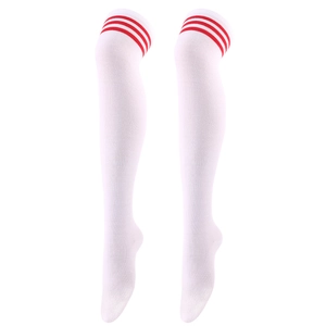 Detail of white over-the-knee socks featuring three red athletic stripes on knitted fabric