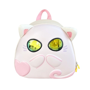 Cute pink and white cat hard shell backpack for toddlers with yellow sunglass mirrors