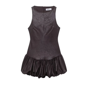 Robe Mini Sans Manches En Cuir PU Femme Ourlet Plissé Café Coupe Ajustée Col Rond Mode