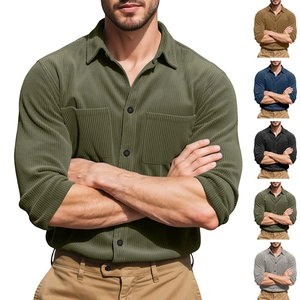 Detailed view of men's corduroy button-down shirt texture and multiple color options
