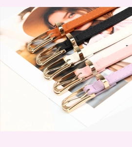 Detailed set of 5 colorful PU leather skinny belts with gold metal buckles for dresses