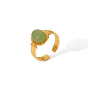 Retro 18K gold-plated stainless steel open ring with oval green semi-precious stone