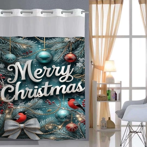 Christmas Shower Curtain Waterproof Polyester Waffle Weave Hookless Ring Layered Removable Liner Festive Holiday Bathroom