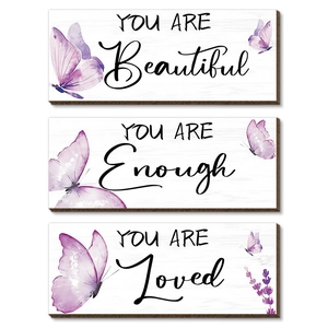Three-piece butterfly farmhouse wall decor set with 'Beautiful Enough Loved' wood signs