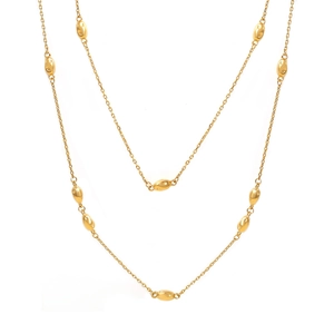 Minimalist double-layered gold long sweater necklace with polished bead pendants