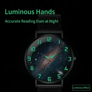 Men's luminous quartz watch with starry sky dial and black mesh stainless steel strap