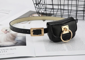 Detail of black pebbled leather belt bag with golden circular metal ring buckle