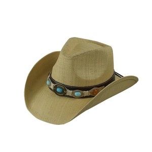 Chapeau de cowboy en paille beige avec bande en cuir vintage et incrustation de turquoise