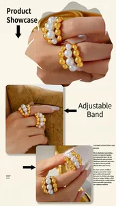 Detail of layered gold beaded ring with white pearls on model hand for vintage style