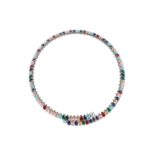 Close-up of a double-wrap colorful gemstone bracelet with vibrant oval-cut zircons