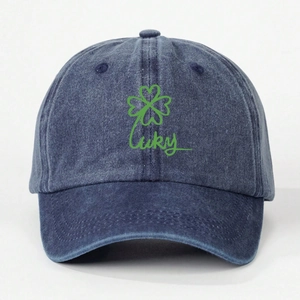 Navy blue washed denim baseball cap with green Lucky text and clover pattern