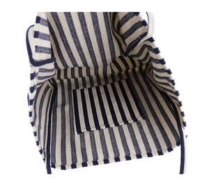 Internal view of striped canvas tote showing spacious liner and inner slip pocket