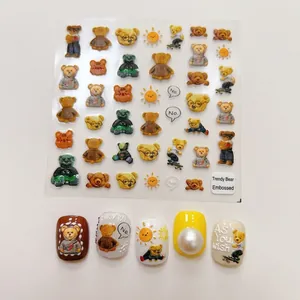 3D embossed cartoon bear nail art stickers with colorful skateboard and hoodie designs