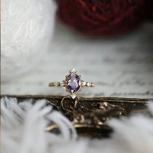 Vintage 14K gold plated silver ring with oval purple amethyst and halo diamonds