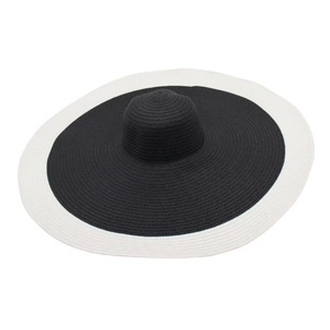 Detail showing the fine woven texture and black-white contrast of the wide brim straw hat
