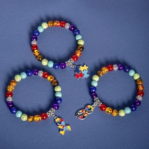 Autism Awareness Natural Stone Agate Colorful Rainbow Beaded Bracelet Puzzle Heart Ribbon Charm Elastic Yoga Jewelry