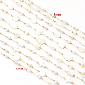 Gold stainless steel beaded chain necklace with white stone charms and 1mm-4mm beads