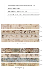 Detailansicht des Vintage Washi Tape Sets mit Da Vinci Skizzen und alten Kartenmustern