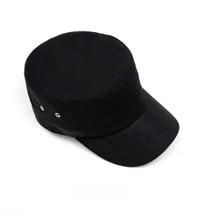 Top view of black cotton cadet hat showing metal side eyelets and canvas texture