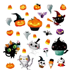 Halloween wall stickers with watercolor pumpkins, ghosts and black cats on white background