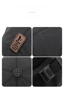 Detail view of dark grey baseball cap showing breathable mesh and adjustable strap buckle