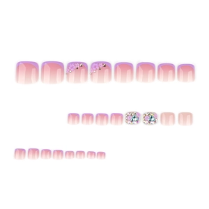 French purple press-on toenails with 3D flower embossing and shimmering rhinestones