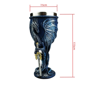 Detail shot of blue dragon and sword goblet with measurements 7.5cm by 17.5cm