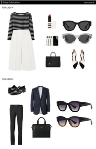 Flat lay of stylish dress collocation with trendy oval sunglasses and formal wear