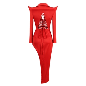 Elegant red satin long sleeve dress with open back lacing and pointed shoulder design