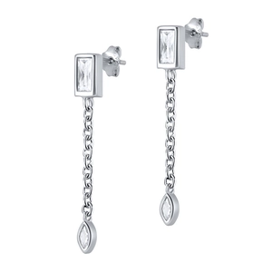 Macro detail of S925 silver earrings with marquise cubic zirconia and chain fringe