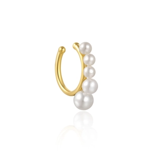 Detailed close-up of a gold C-shaped ear cuff featuring five gradient white pearls