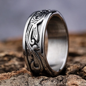 Vintage Engraved Vine Pattern Stainless Steel Ring Solid Band Retro Antique Silver Scroll Jewelry For Men Women