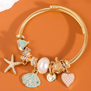Ocean Theme Charm Bangle Bracelet Stainless Steel Starfish Shell Faux Artificial Pearl Heart Turtle Fashion Accessory For Women