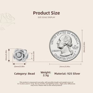 Detailed size comparison of a 925 sterling silver rose flower charm next to a quarter coin