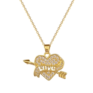 Elegant gold titanium steel necklace with arrow-pierced heart and crystal inlay on white background