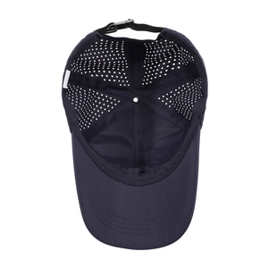 Dark blue breathable summer baseball cap with laser-cut ventilation holes and adjustable strap