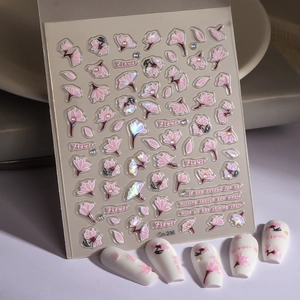Macro detail of 3D embossed pink cherry blossom nail stickers with iridescent aurora texture