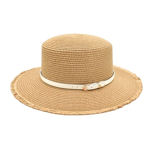 Flat top straw boater hat with frayed edges and a white leather band for summer sun protection