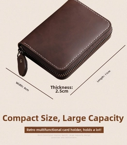 Detailed size view of dark brown leather card holder with compact 11x8x2.5cm dimensions
