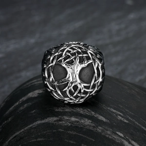 Retro stainless steel Tree of Life ring with embossed vintage Nordic style for men