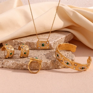 Stainless Steel Malachite Eye Jewelry Set Rhinestone Hammered Gold Necklace Earrings Ring Bracelet For Women