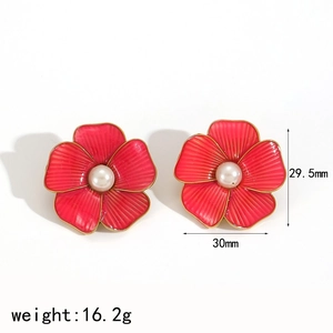Detail of red flower stud earring with gold edges and pearl center showing dimensions