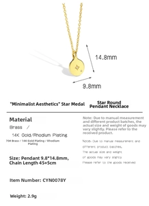 Detailed spec sheet of star coin necklace with 14.8mm pendant size and 45cm chain length