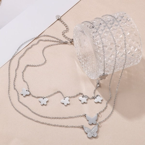 Polished multi-layer stainless steel necklace with sparkling butterfly pendants for women